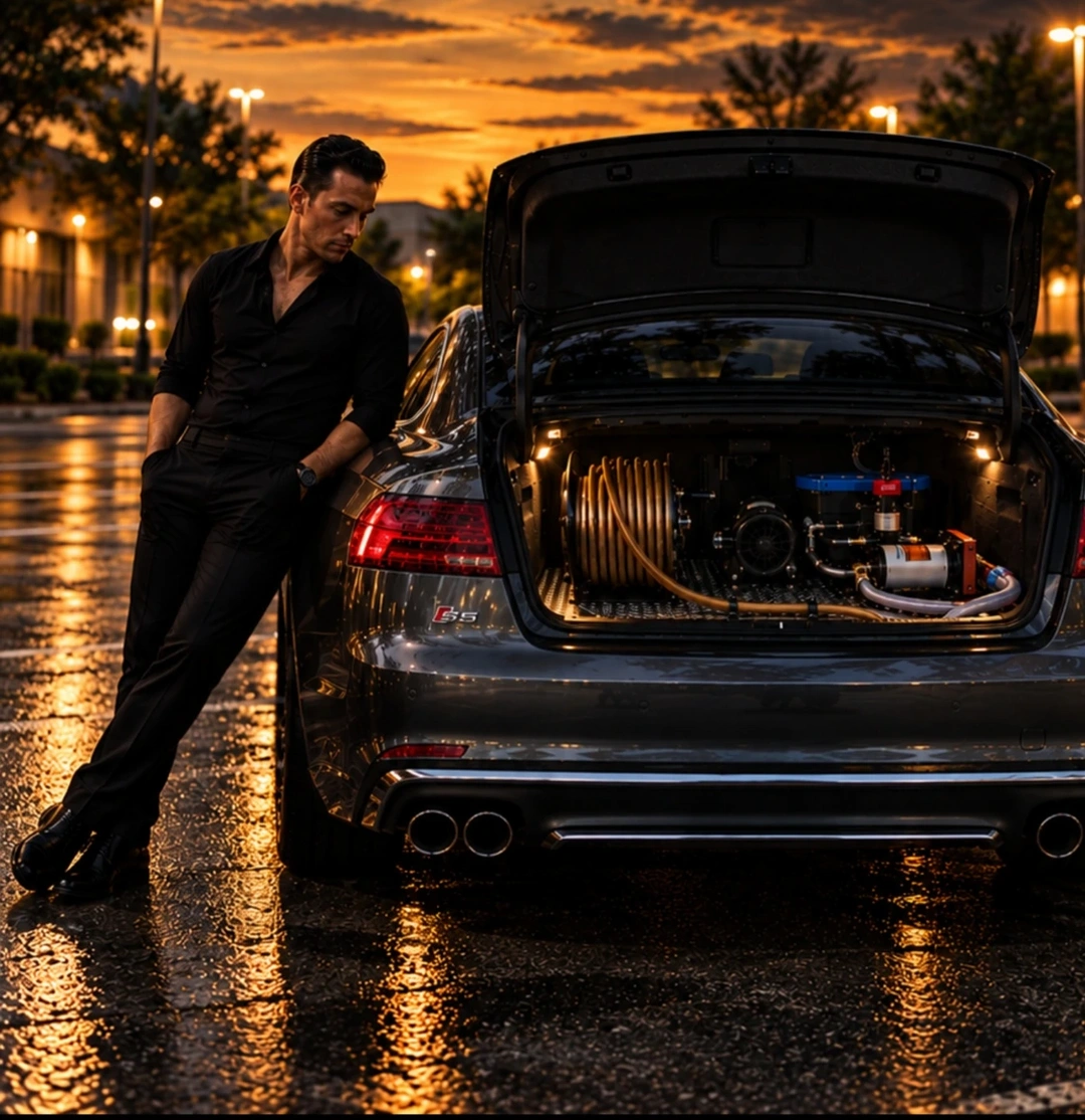 Sean Apicella beside his Audi S5, with the detailing equipment visible in the open trunk at dusk.