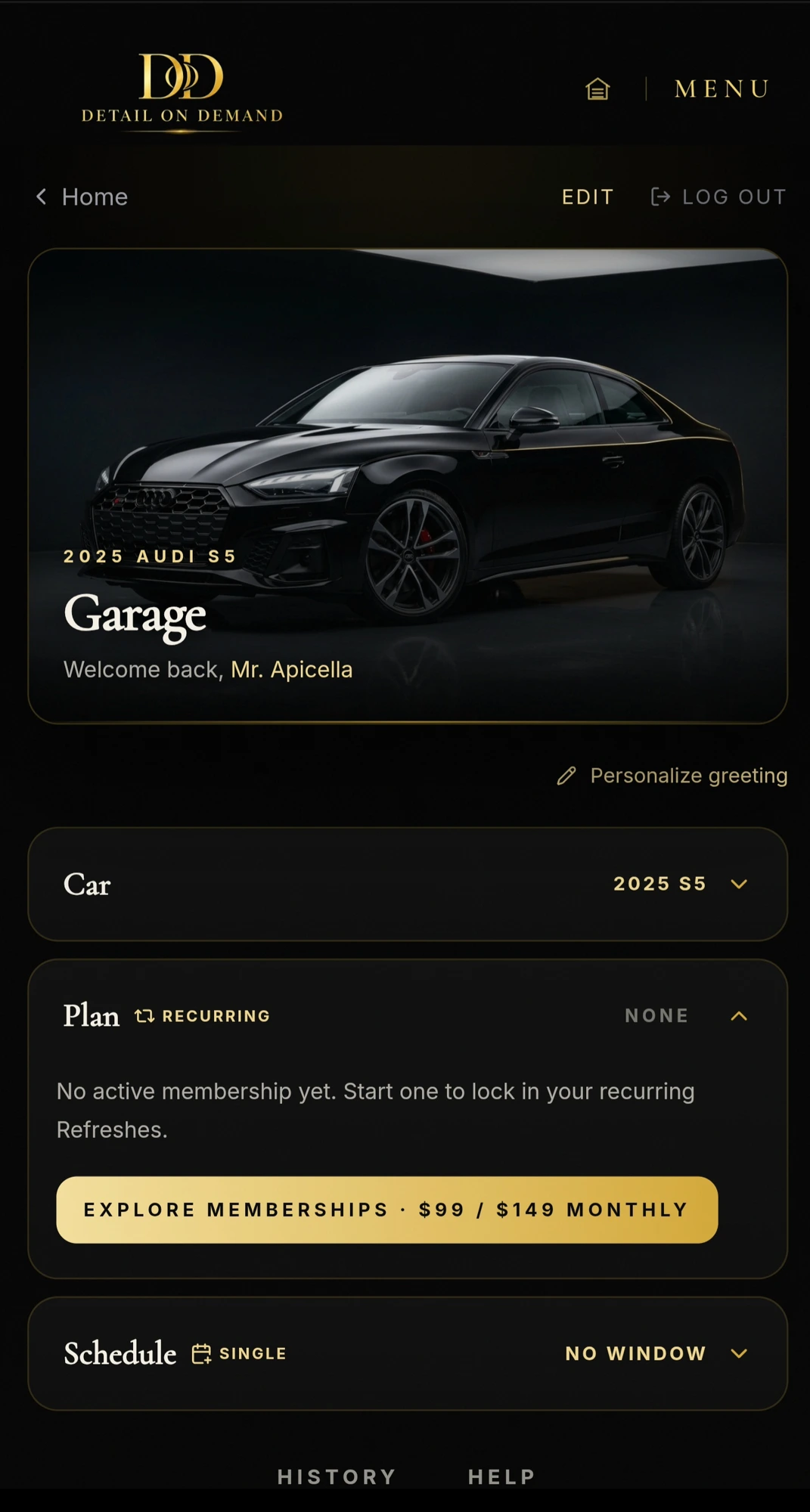 Garage. Welcome back, Mr. Apicella. A rendered black 2025 Audi S5 above Car, Plan, Explore Memberships, and Schedule.