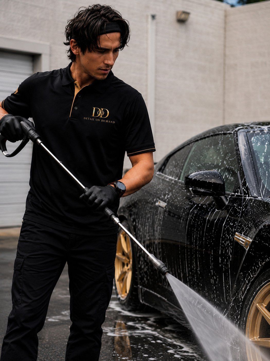 Detail On Demand technician in uniformed black-and-gold polo performing exterior maintenance on a black sports car